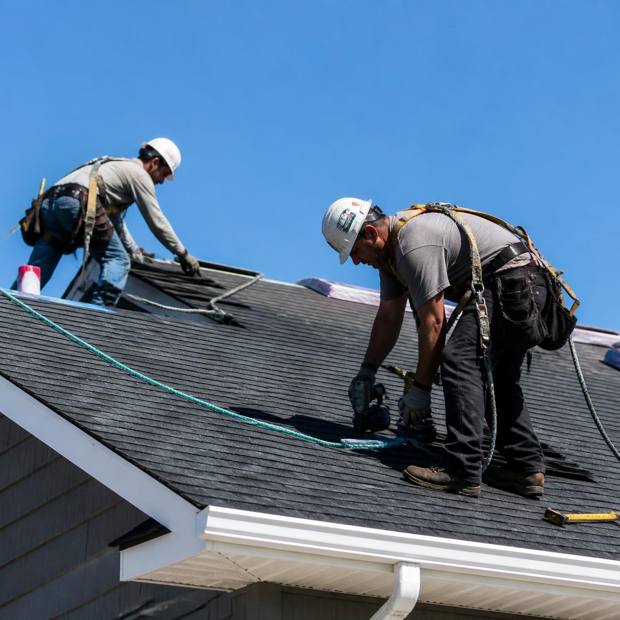 Roofing contractors installing new asphalt shingles on a home